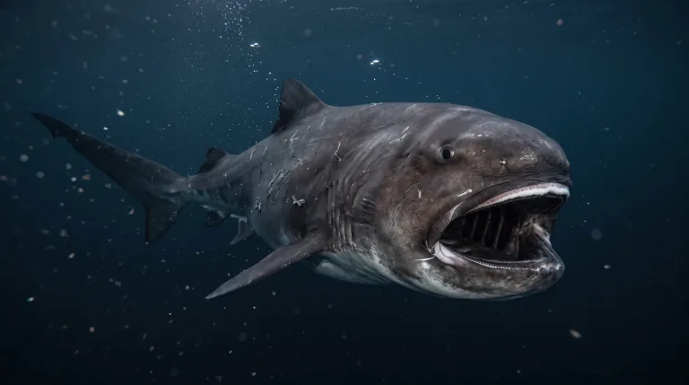 Tiburón boquiancho nadando con la enorme boca abierta, mostrando las grandes hendiduras branquiales y los dientes diminutos en aguas azul oscuro