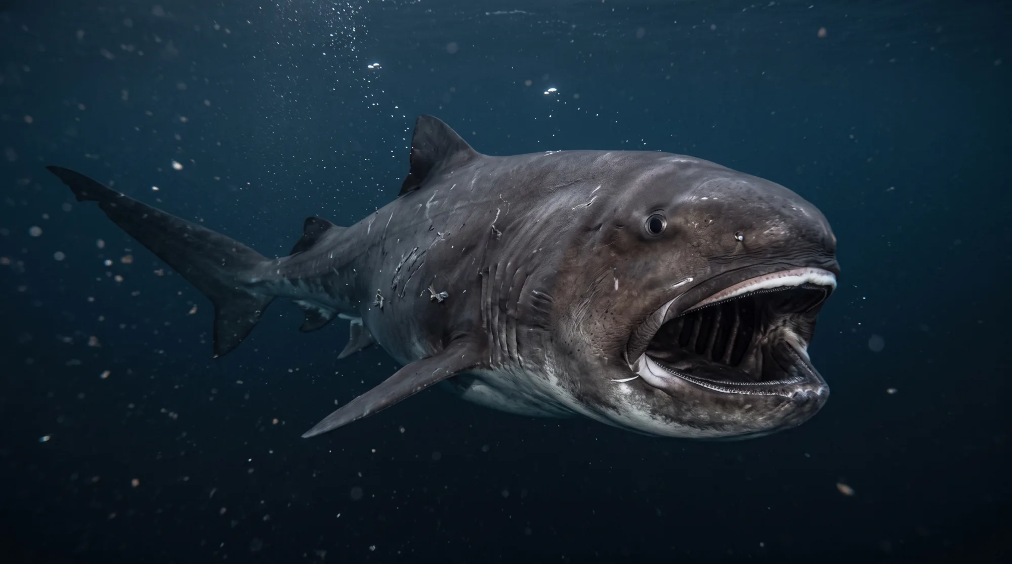 Tiburón boquiancho nadando con la enorme boca abierta, mostrando las grandes hendiduras branquiales y los dientes diminutos en aguas azul oscuro