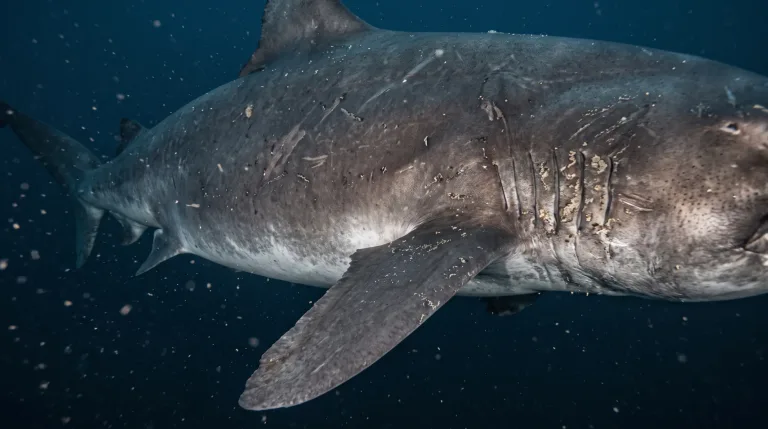 Gran tiburón gris con el vientre claro nadando en aguas azul profundo, con la piel marcada de cicatrices y las hendiduras branquiales junto a la cabeza