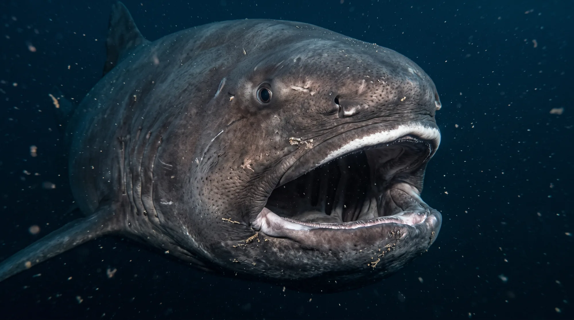 Tiburón boquiancho nadando hacia la cámara con la enorme boca abierta en aguas azul oscuro