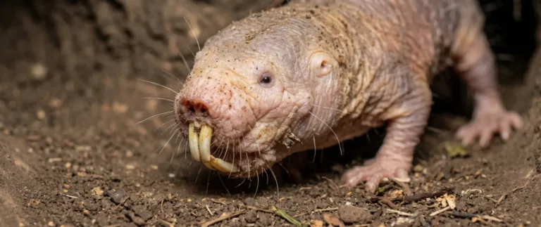 Rata topo desnuda mostrando sus largos dientes delanteros en una madriguera de tierra