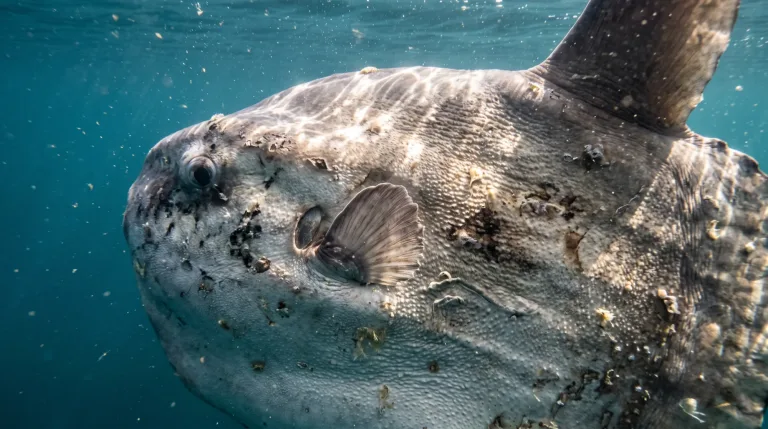 Pez luna nadando bajo el agua con la piel gris moteada y áspera, un ojo pequeño y la aleta pectoral visibles en agua azul clara
