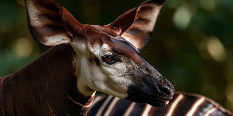 Primer plano de la cabeza de un okapi con orejas grandes y hocico oscuro sobre sus patas rayadas