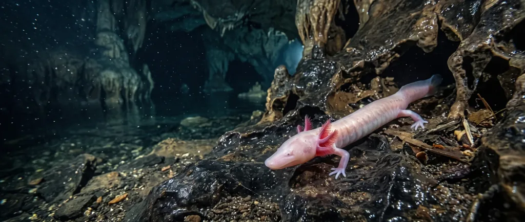 Pale pink olm crawling over dark rocks in an underground cave