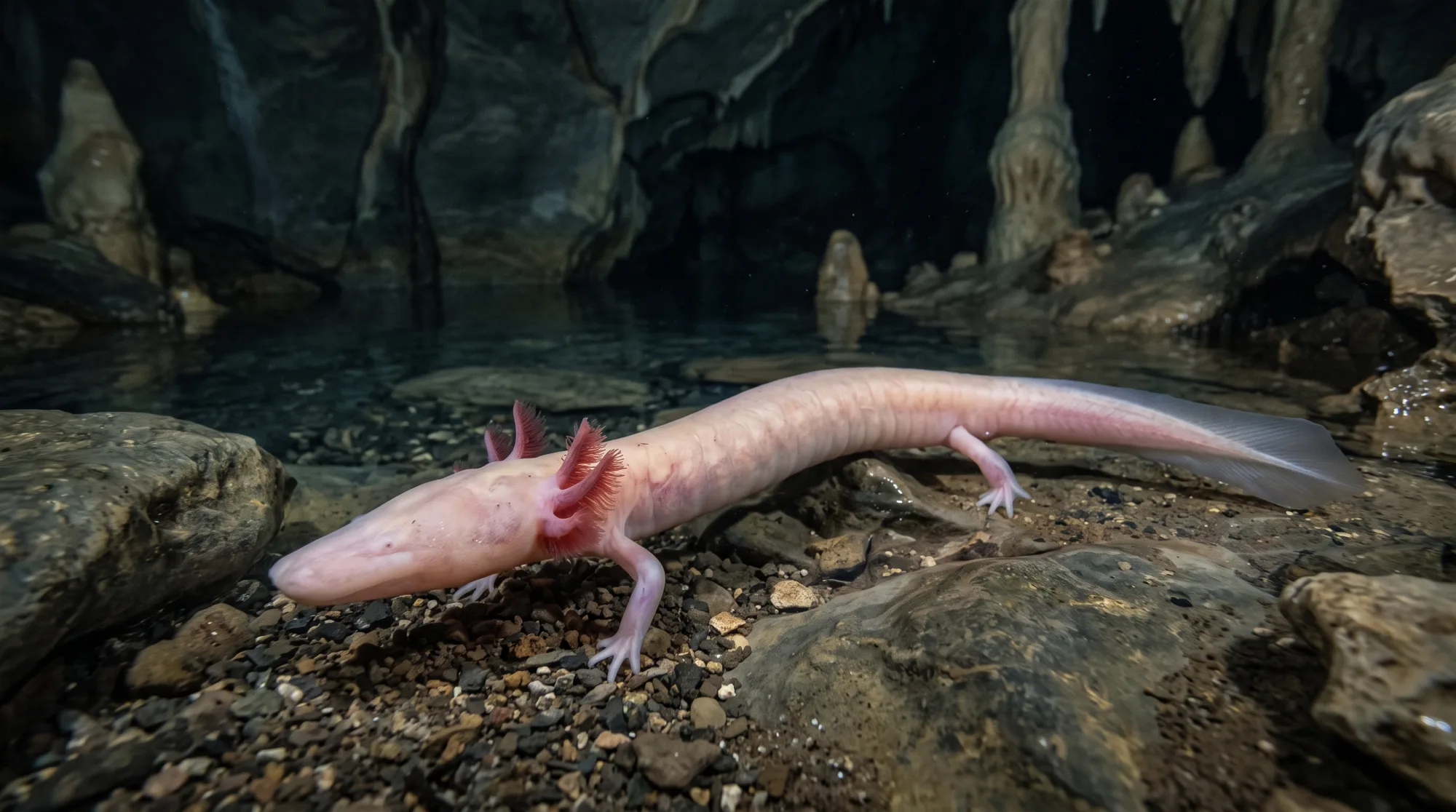 Proteu rosa-claro com brânquias externas plumosas rastejando sobre seixos numa poça de caverna com estalactites acima