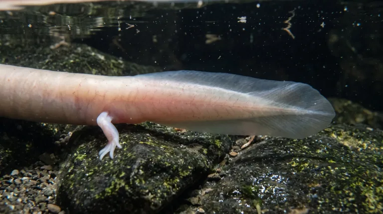 Proteu, uma salamandra de caverna rosada e pálida de corpo comprido com uma patinha visível, nadando sobre rochas com musgo debaixo d’água
