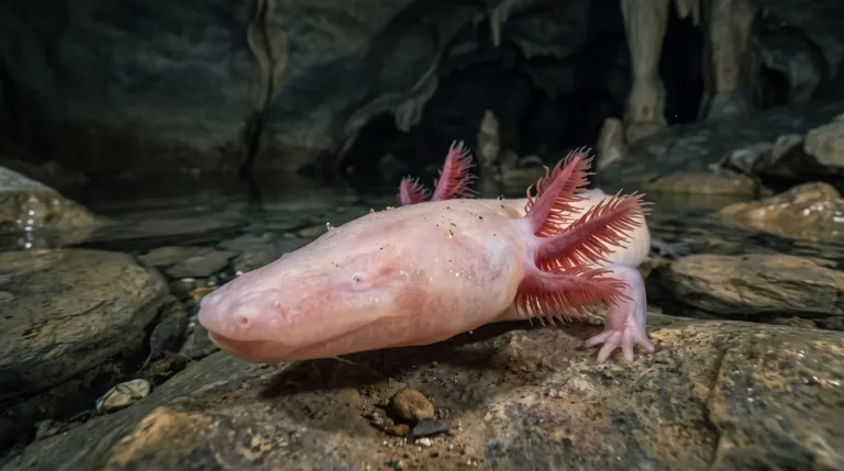 Proteu rosa-claro com brânquias externas vermelhas e plumosas descansando sobre uma rocha molhada numa poça de caverna