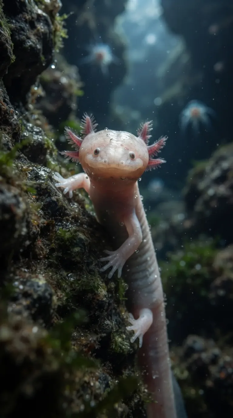 Proteu rosa-claro com brânquias vermelhas e plumosas agarrado a uma parede escura de caverna