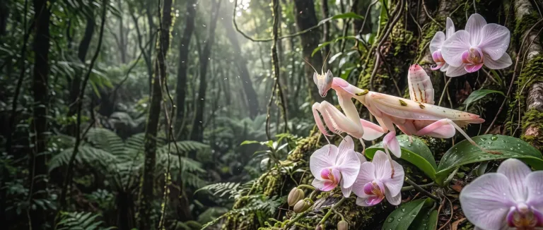 Louva-a-deus-orquídea rosa escondido entre flores de orquídea numa floresta tropical enevoada