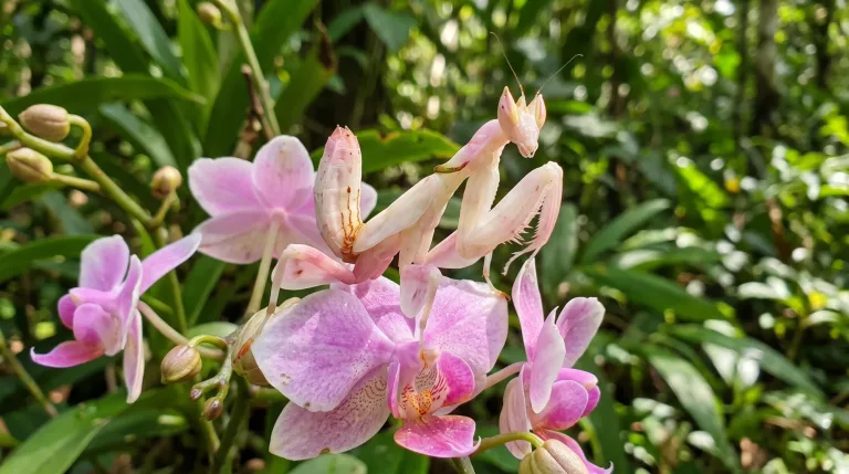 Louva-a-deus-orquídea com o corpo rosa-claro e branco pousado sobre flores de orquídea rosas com um fundo de floresta verde