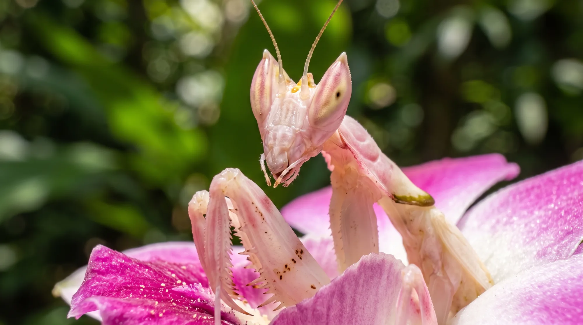 Louva-a-deus-orquídea com o corpo rosa-claro sobre uma flor de orquídea rosa, com as patas dianteiras erguidas e as antenas contra um fundo verde desfocado