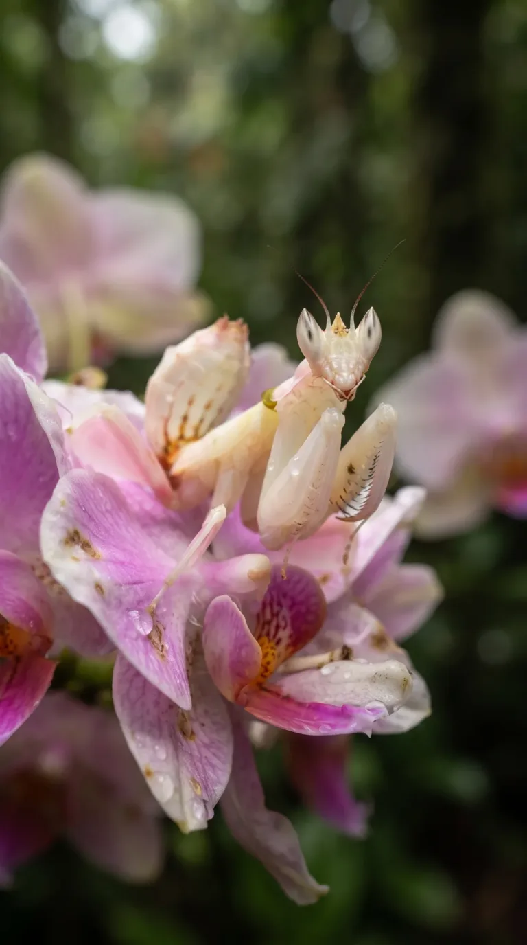 Pink and white orchid mantis blending in among orchid flowers