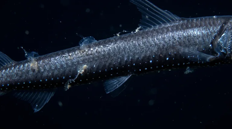 Pez víbora con escamas plateadas y pequeños fotóforos azules a lo largo del cuerpo, nadando sobre un fondo oscuro de las profundidades