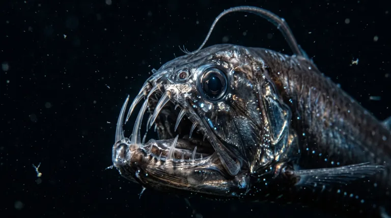 Pez víbora con largos dientes como colmillos y un filamento dorsal luminoso nadando sobre un fondo oscuro de las profundidades
