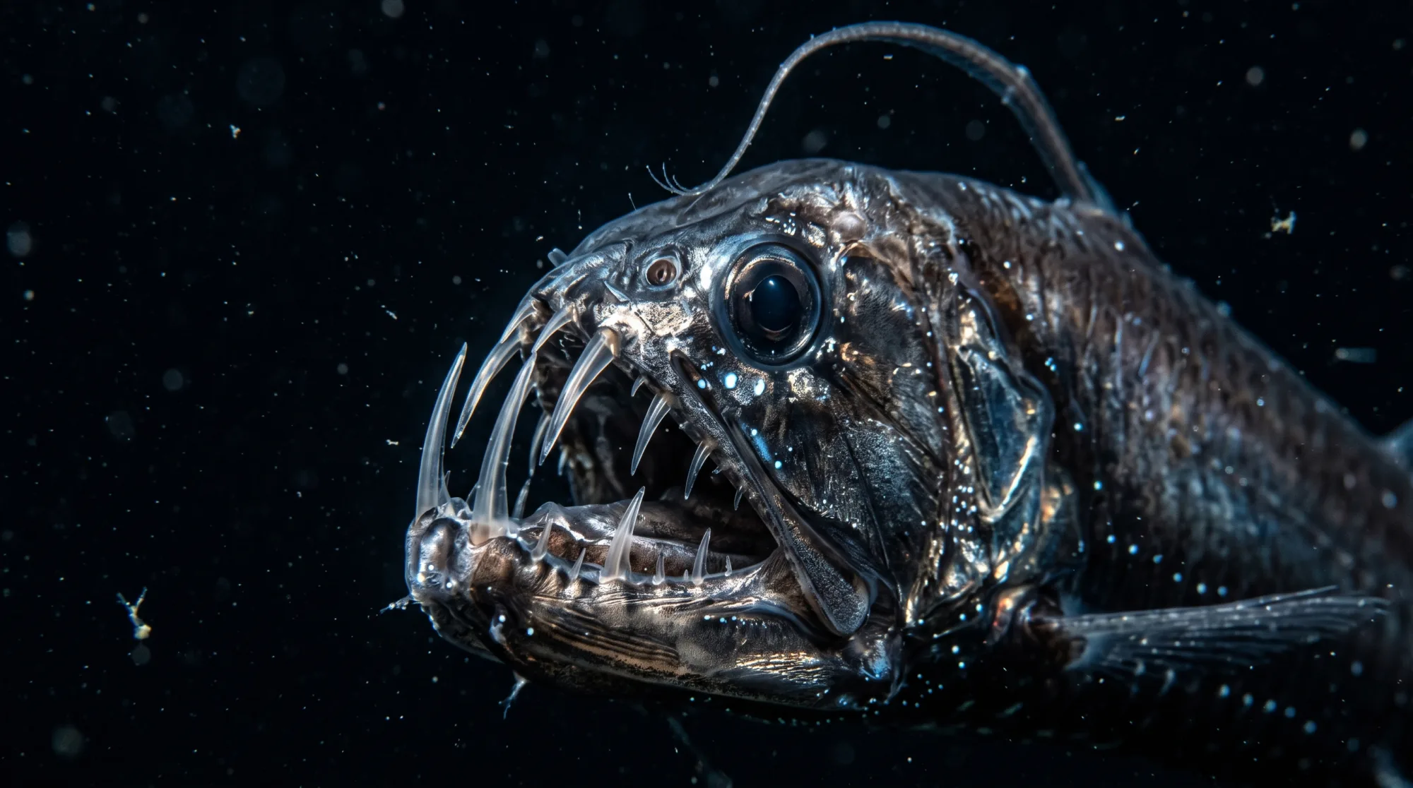 Pez víbora con largos dientes como colmillos y un filamento dorsal luminoso nadando sobre un fondo oscuro de las profundidades
