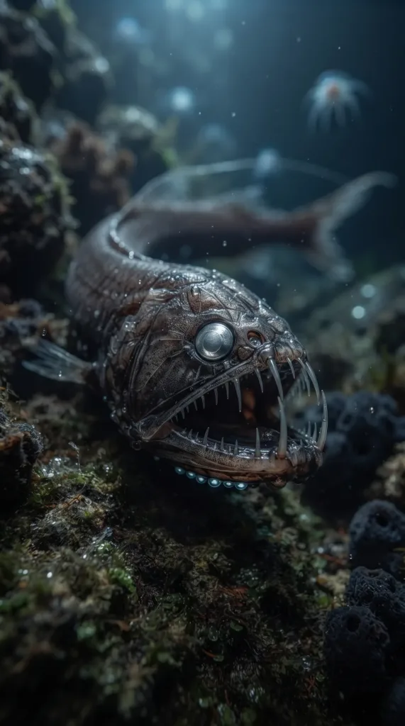 Pez víbora del Pacífico con largos colmillos cristalinos sobre un oscuro fondo rocoso