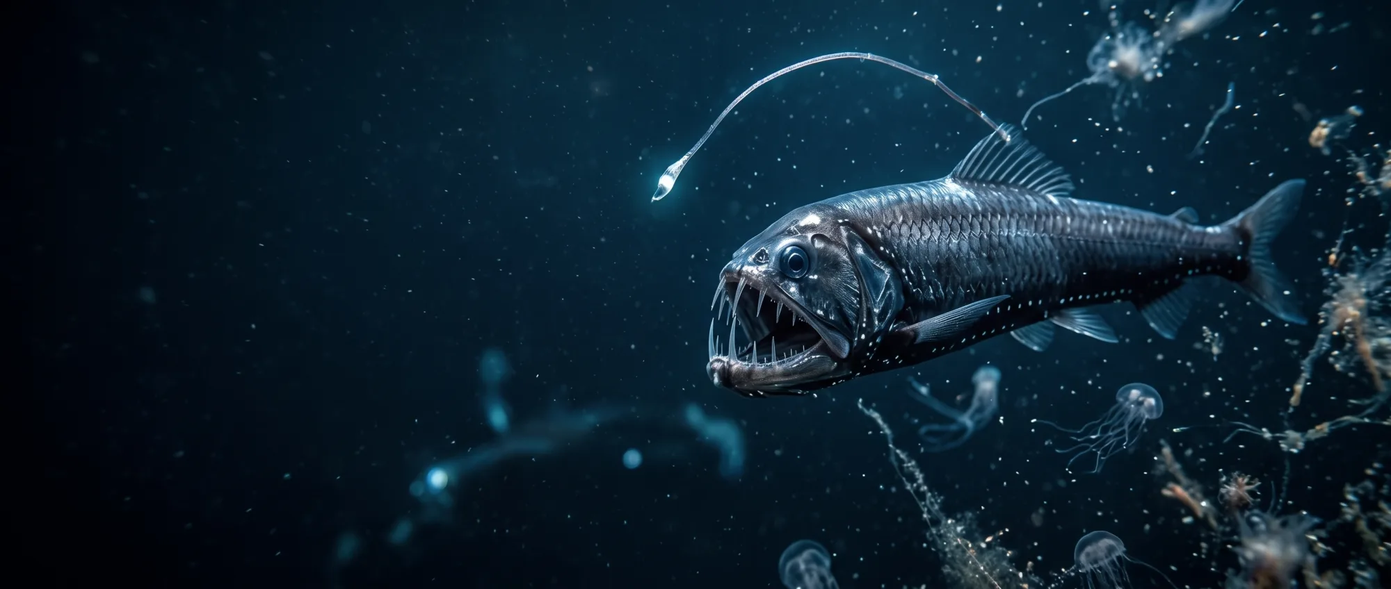 Peixe-víbora-do-pacífico de presas compridas e pontos luminosos nas profundezas escuras