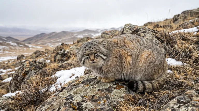 Pallas's cat crouching on a lichen-covered rock with snowy, grassy hills behind it, staring toward the camera