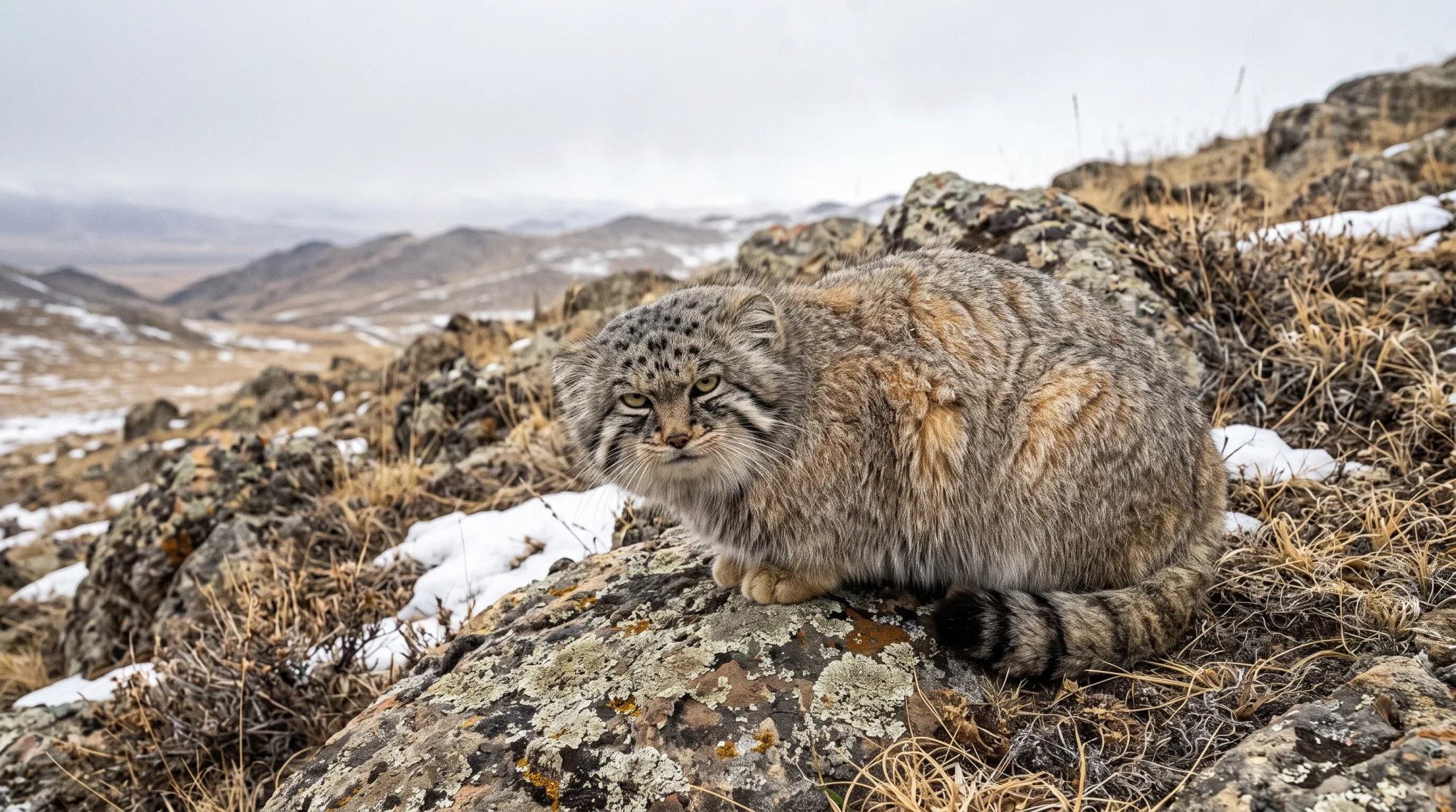 Pallas's cat crouching on a lichen-covered rock with snowy, grassy hills behind it, staring toward the camera