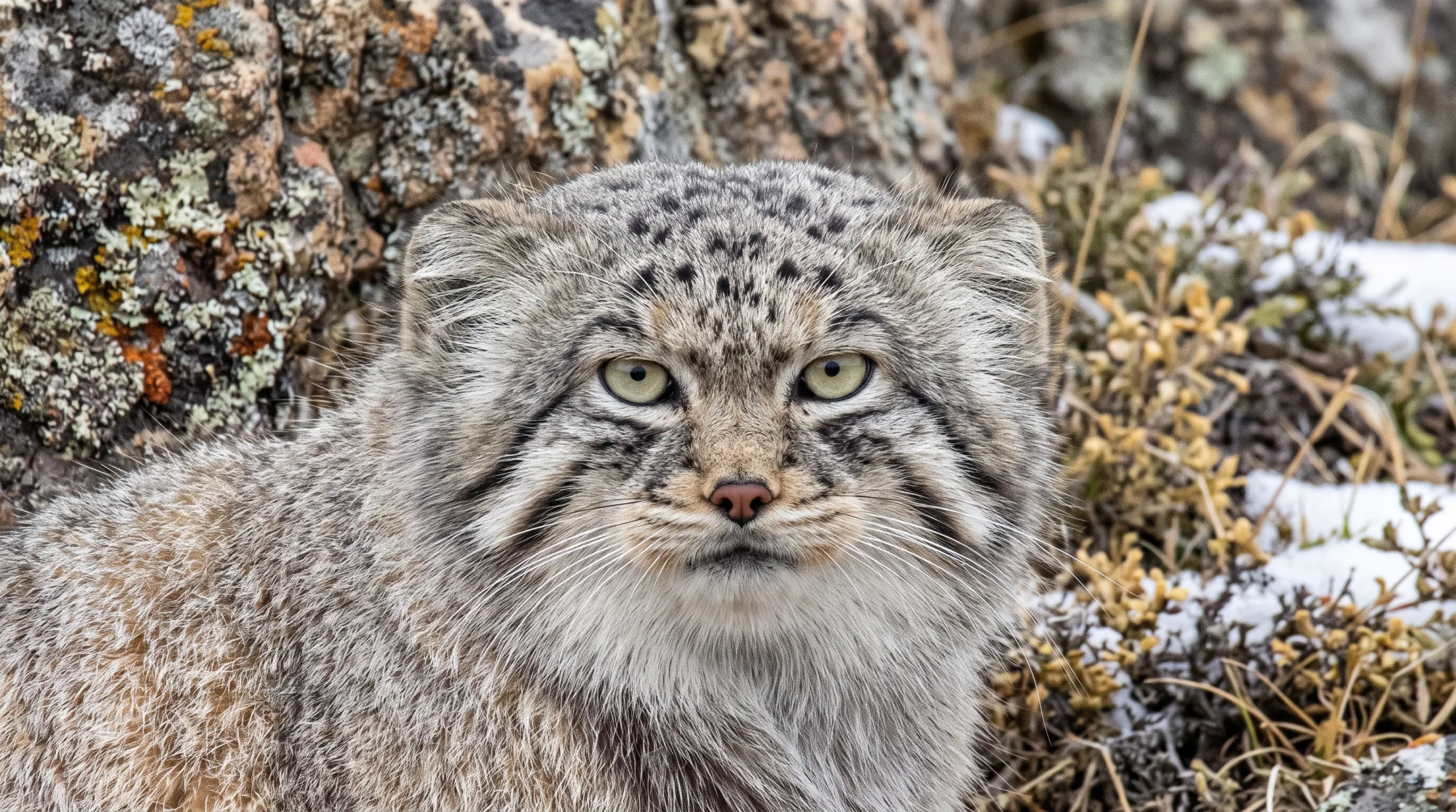 Pallas's cat with dense grey fur, round yellow-green eyes and dark facial stripes, sitting among lichen-covered rocks and snowy grass.