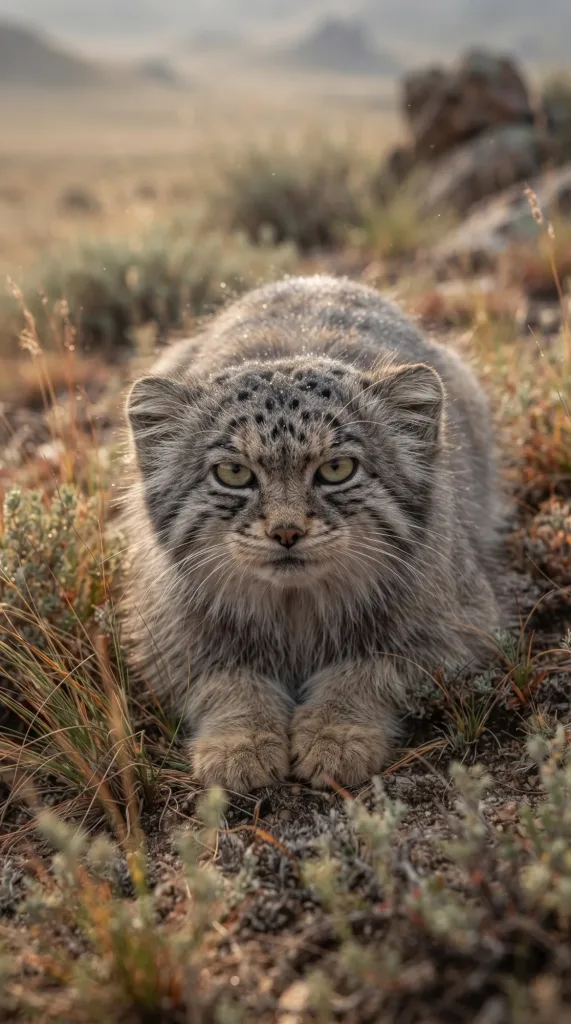 Fluffy grey Pallas's cat with a flat face and stern yellow eyes in dry grass