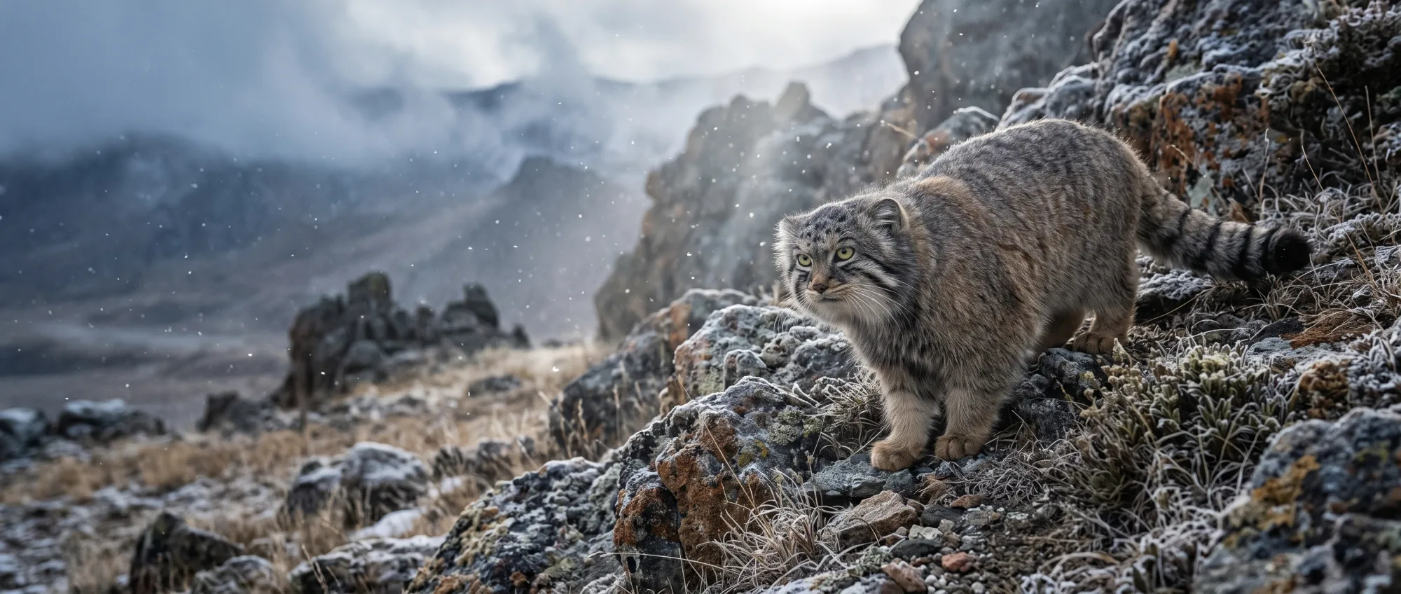 Gato-de-pallas peludo andando sobre pedras cobertas de geada nas montanhas