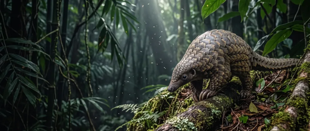 Scaly pangolin climbing a mossy log in a sunlit forest