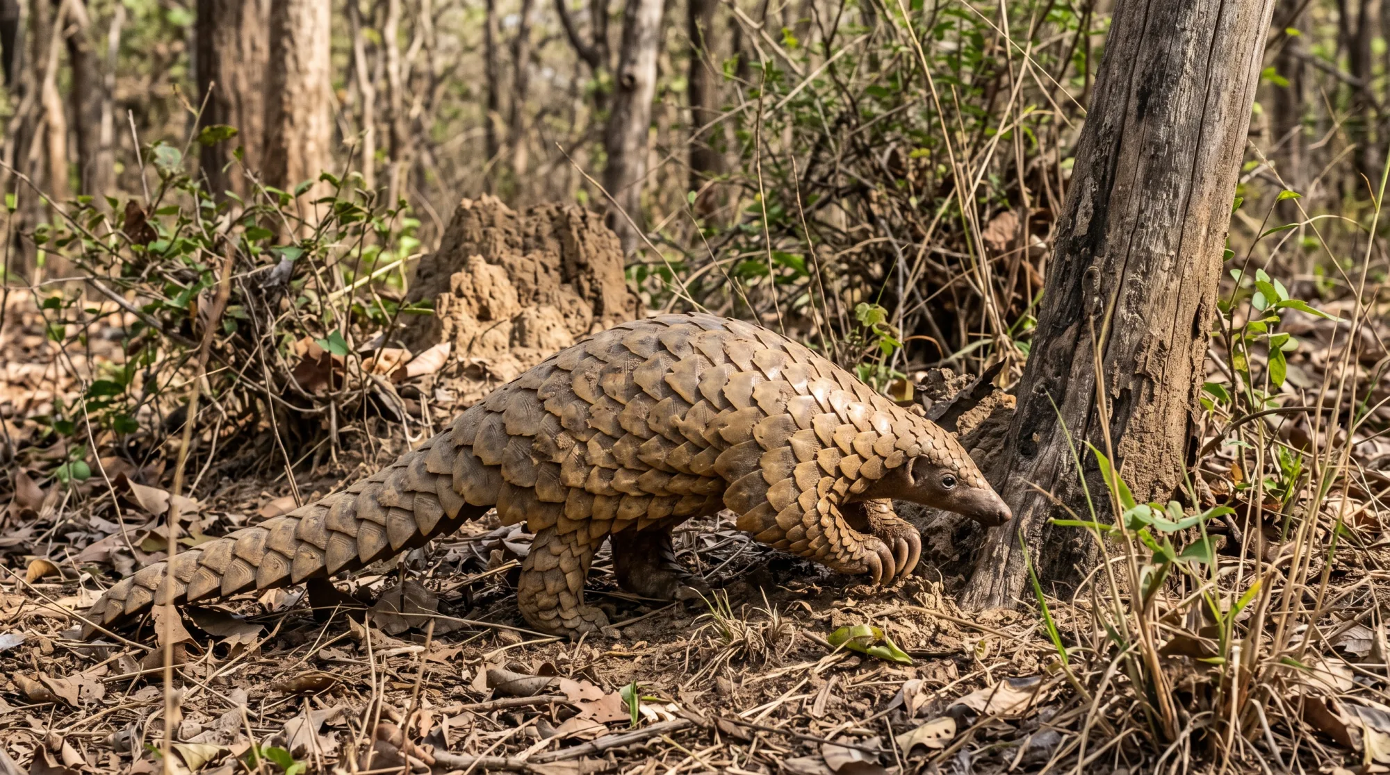 Pangolín caminando entre hojas secas en un bosque, con las escamas superpuestas cubriéndole el cuerpo y la cola