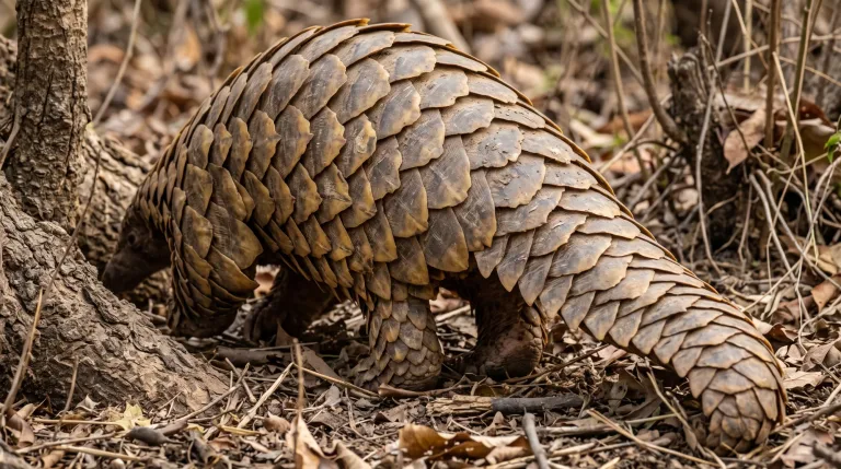 Pangolín caminando entre la hojarasca junto a un tronco, con escamas marrones de queratina superpuestas en el cuerpo y la cola