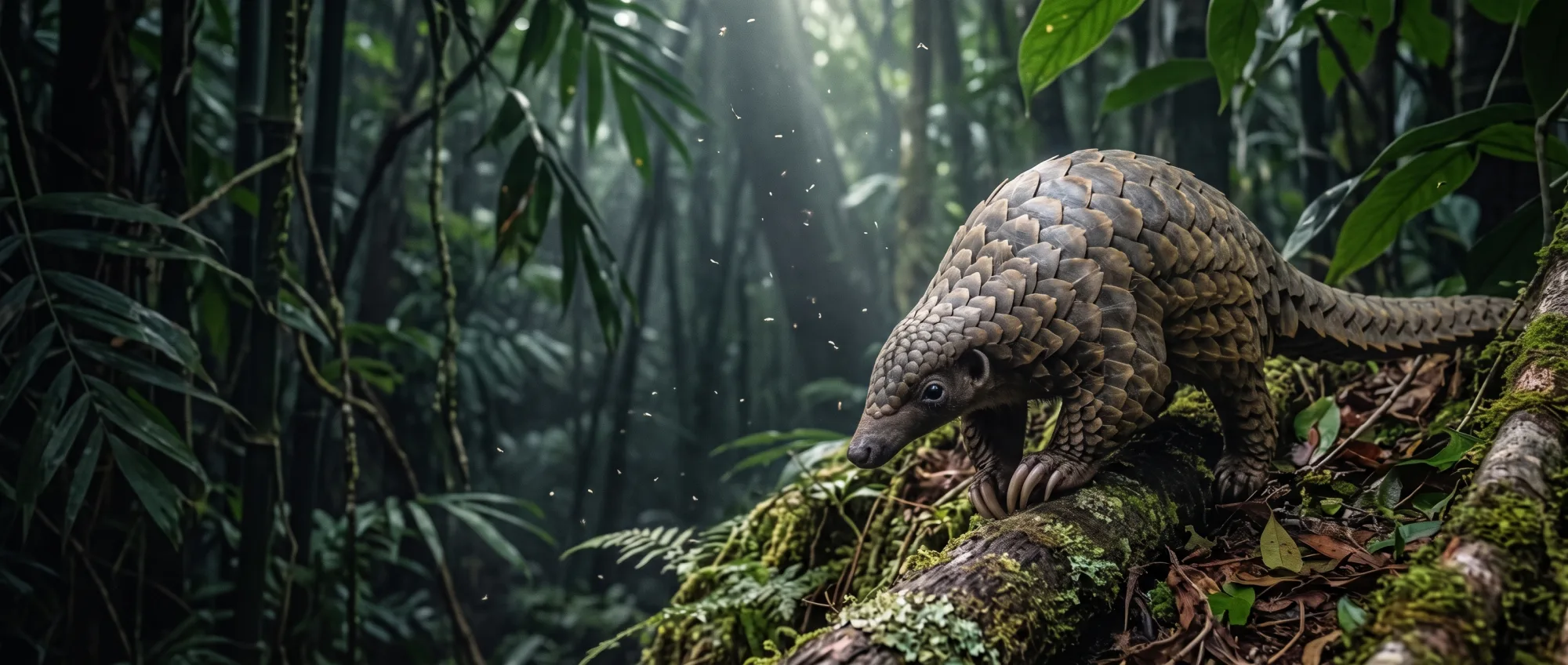 Pangolín escamoso trepando a un tronco cubierto de musgo en un bosque soleado