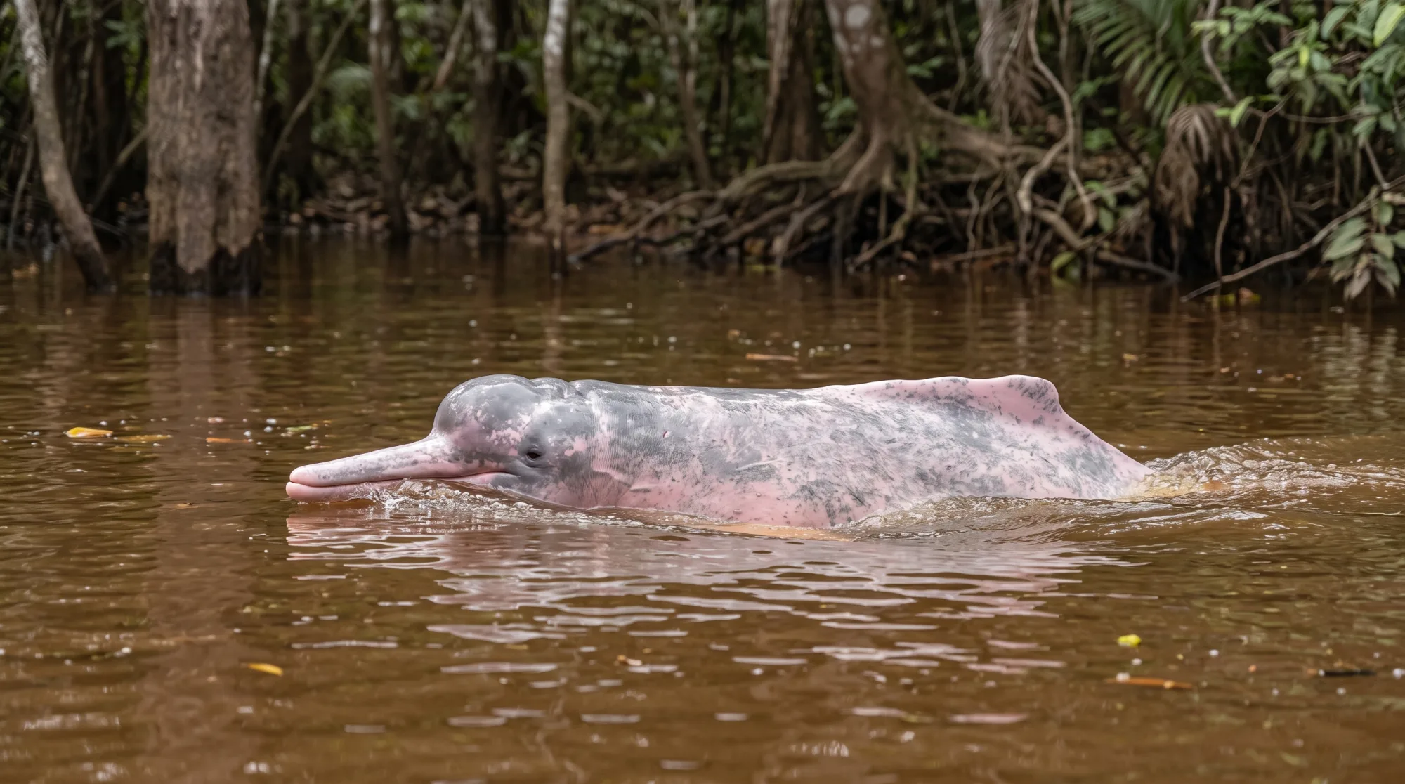 Boto-cor-de-rosa vindo à superfície em água marrom com árvores da floresta alagada atrás