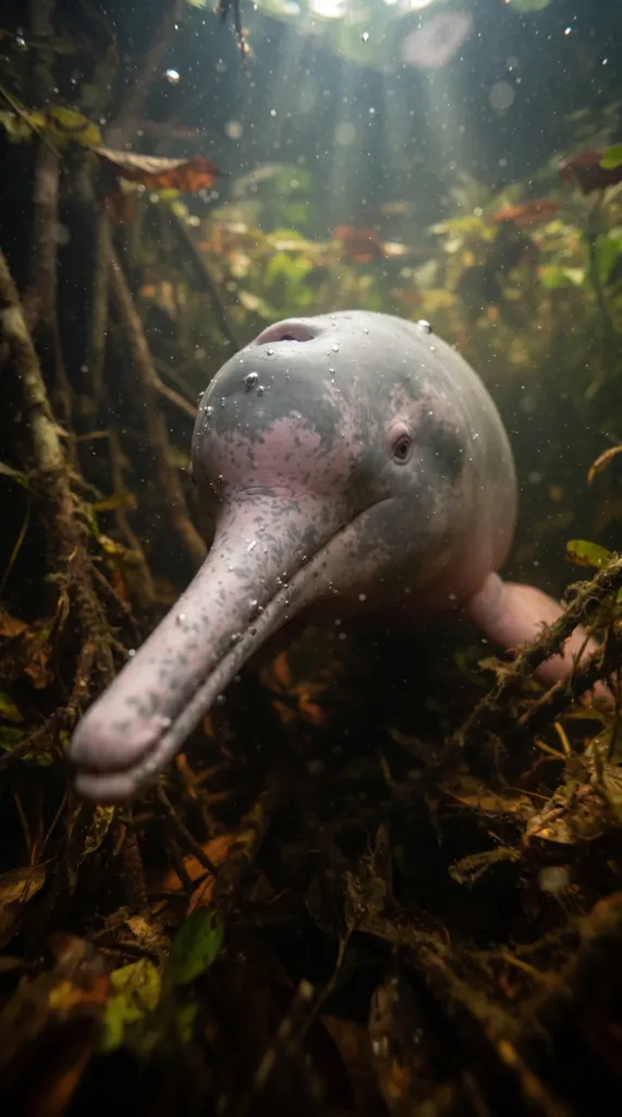 Boto-cor-de-rosa de focinho comprido e fino nadando entre raízes da floresta alagada
