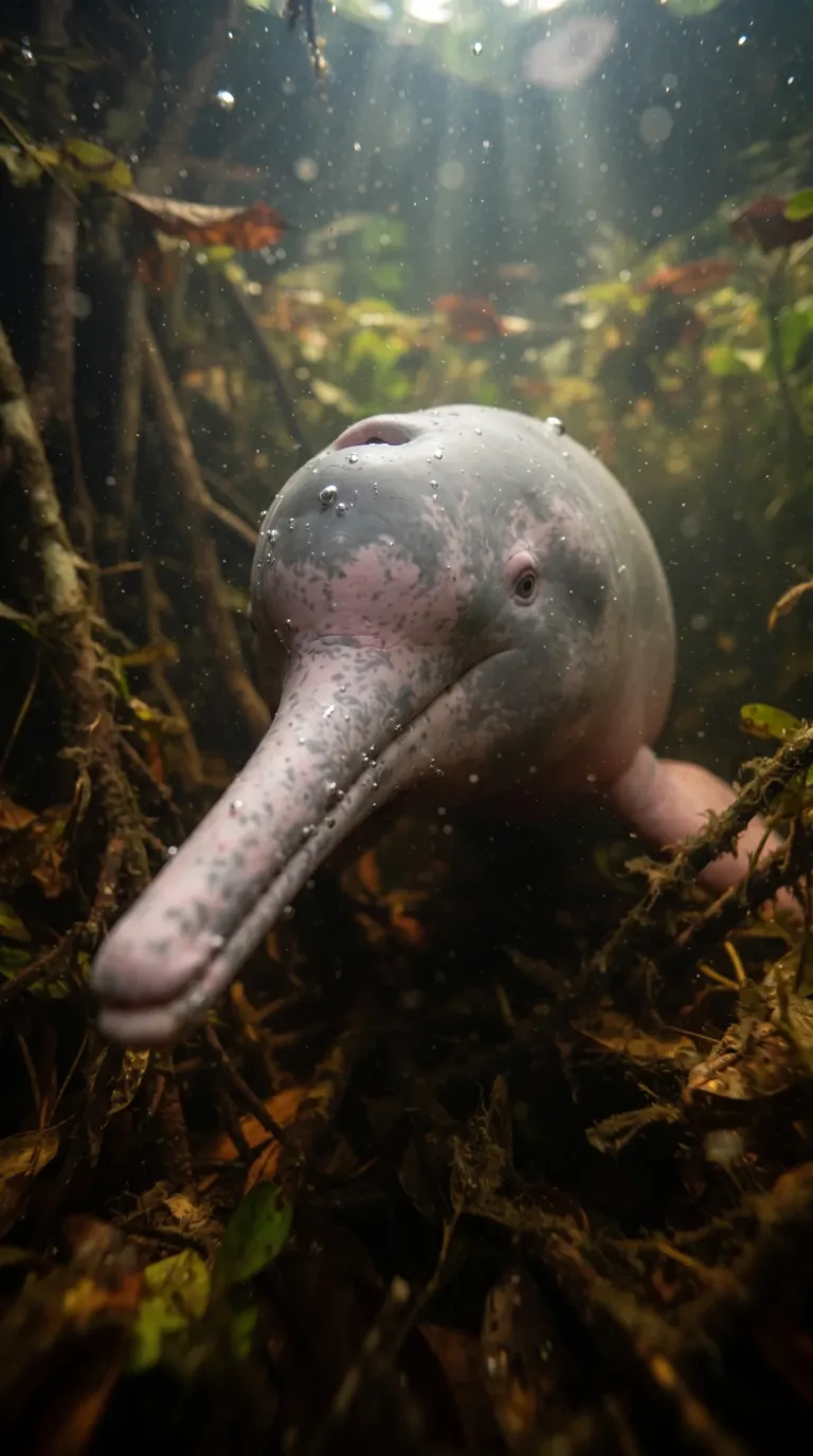 Boto-cor-de-rosa de focinho comprido e fino nadando entre raízes da floresta alagada