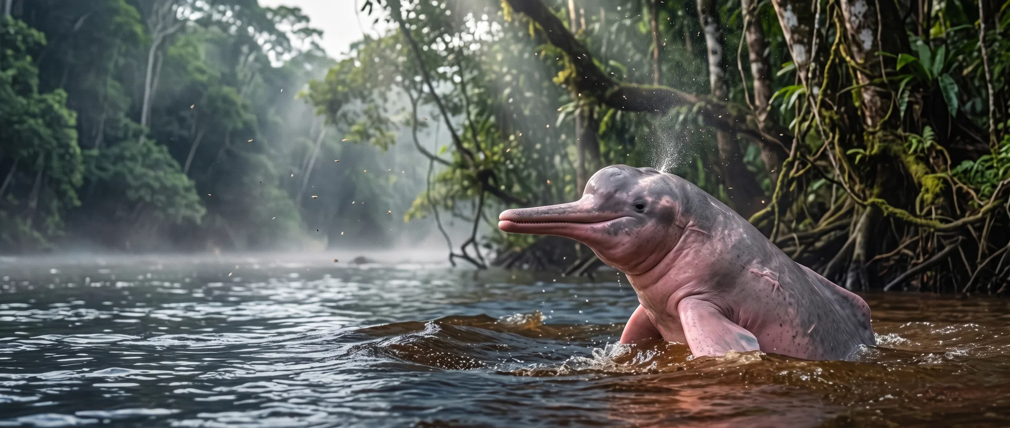 Boto-cor-de-rosa erguendo o focinho comprido para fora de um rio enevoado na selva