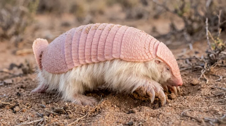 Pichiciego con caparazón rosa y pelo blanco excavando en suelo arenoso
