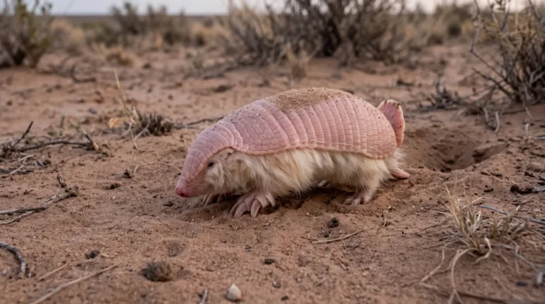 Diminuto armadillo rosado caminando por un suelo seco y arenoso
