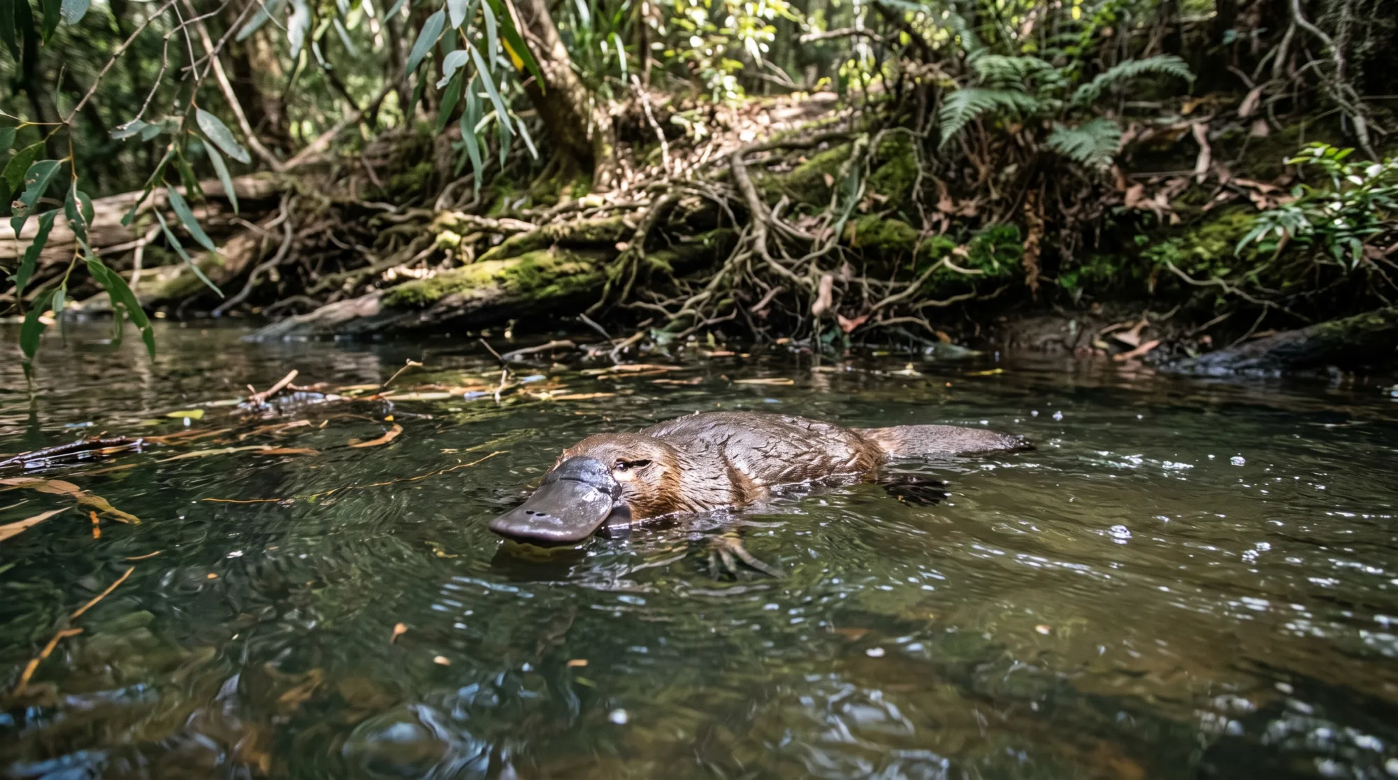 Ornitorrinco nadando num riacho da floresta, com o bico achatado e o pelo escuro acima da água ondulada.