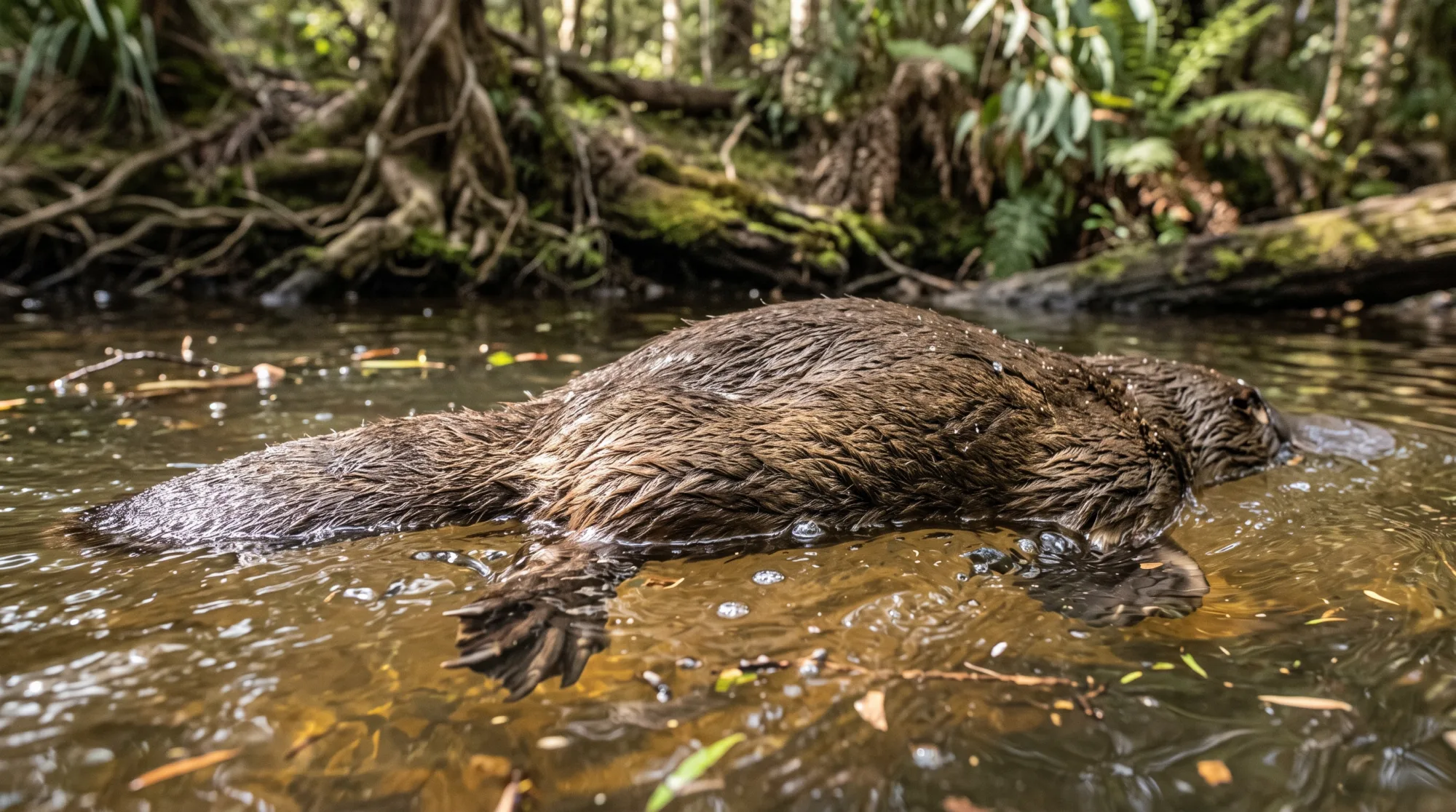 Ornitorrinco de bico achatado e patas com membranas descansando num riacho raso