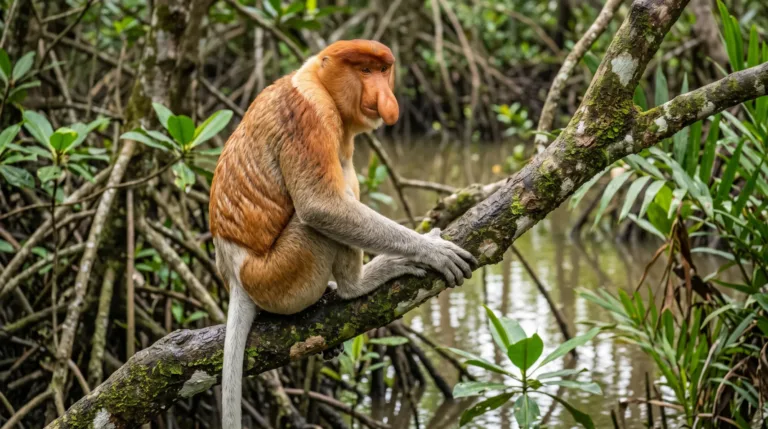 Macaco-narigudo de pelo laranja sentado num galho de mangue sobre a água