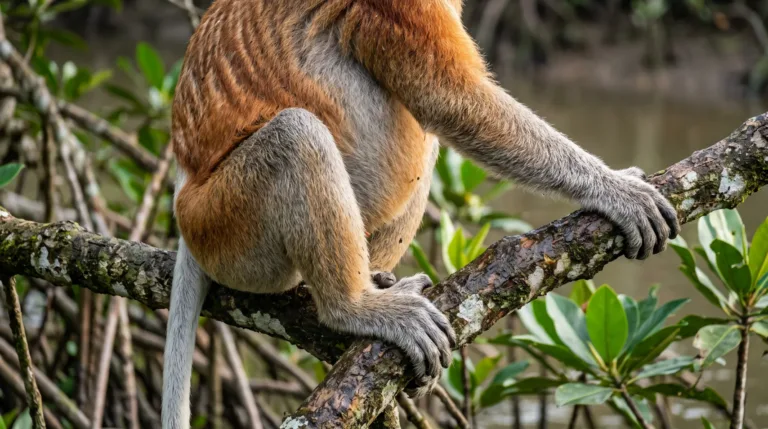 Macaco-narigudo agarrado a um galho de mangue, com a cauda branca e comprida pendurada