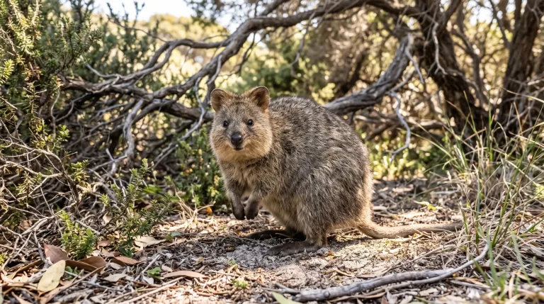 Quokka standing upright among low shrubs and fallen branches, facing the camera with a gentle smile