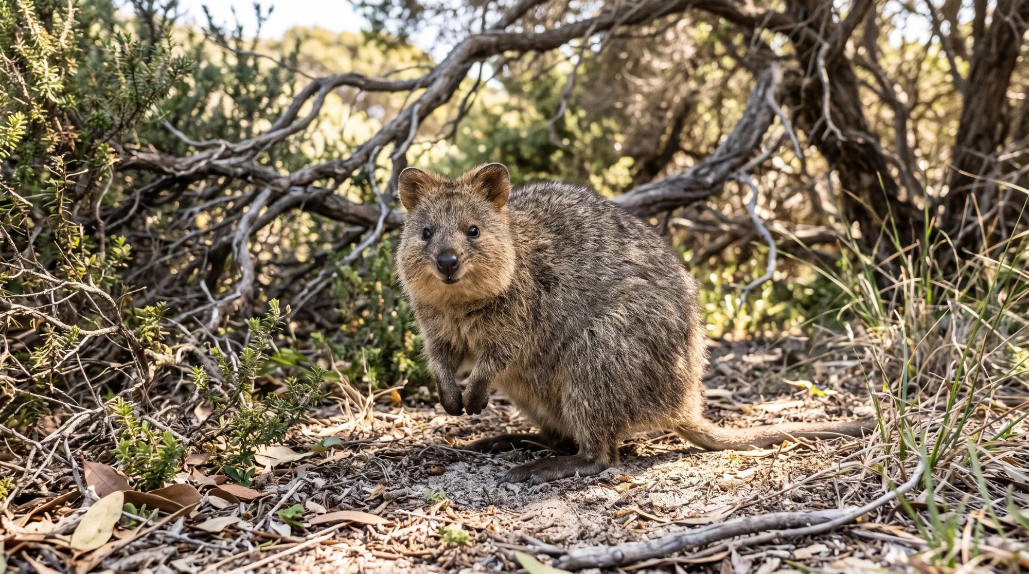 Quokka standing upright among low shrubs and fallen branches, facing the camera with a gentle smile