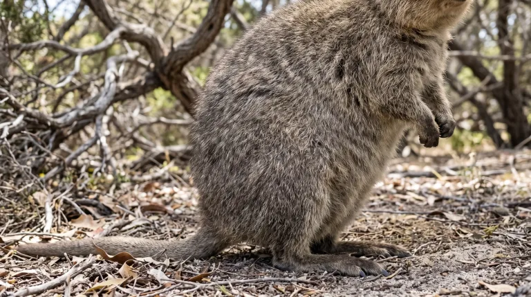 Quokka standing upright on dry leaf-littered ground in front of bare woodland branches, showing its grey-brown fur and small paws.