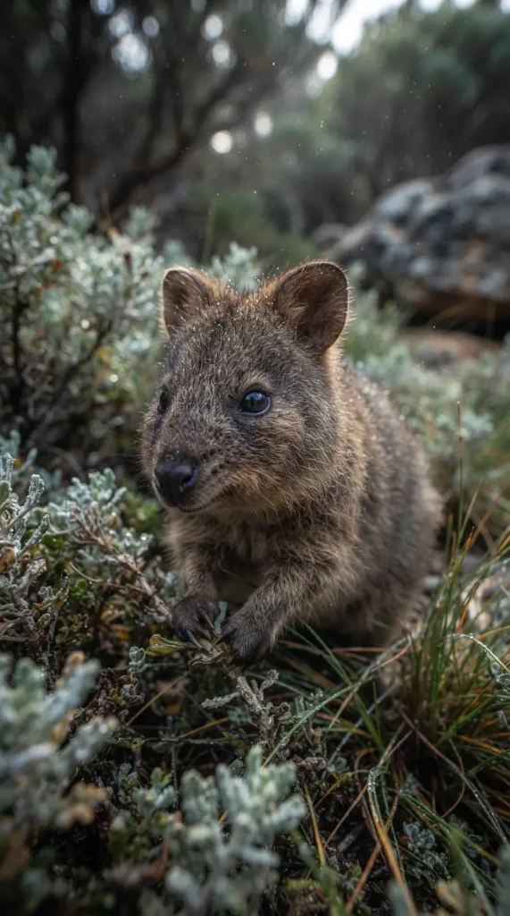 Smiling brown quokka sitting among low bushes