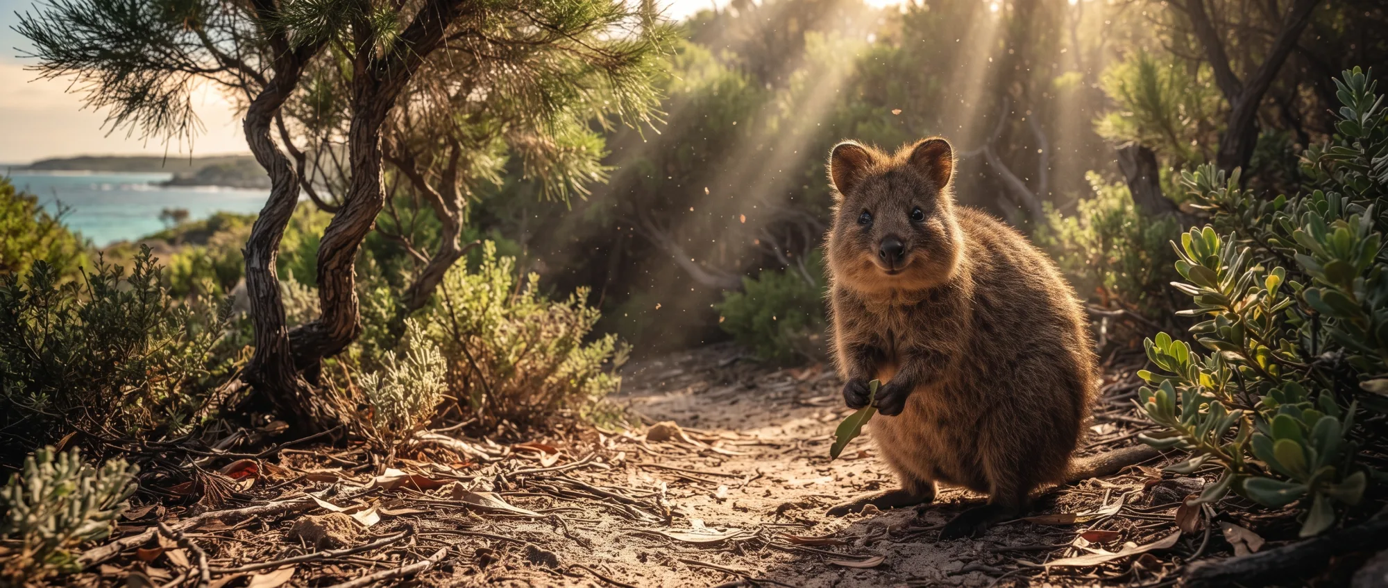 Quokka standing on a sandy path between bushes in golden sunlight