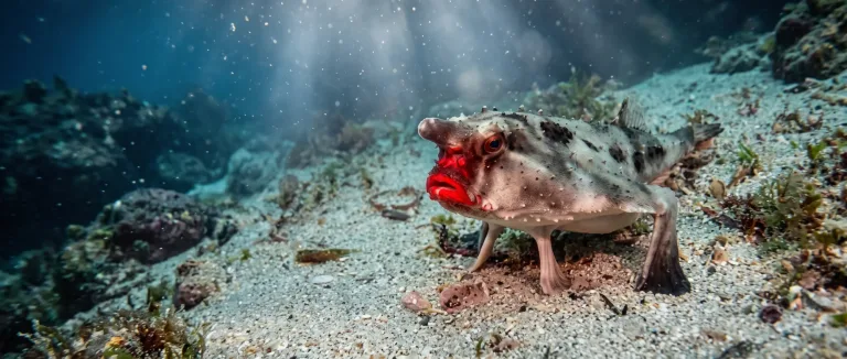 Peixe-morcego-de-lábios-vermelhos andando nas nadadeiras sobre o fundo arenoso do mar