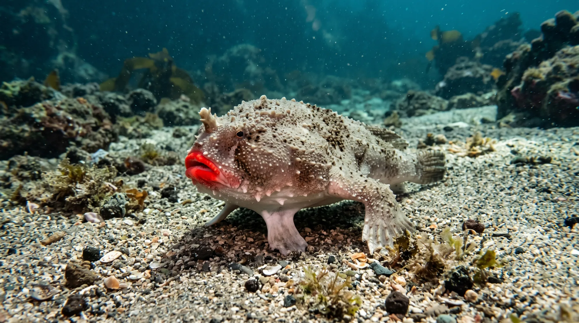 Peixe-morcego-de-lábios-vermelhos andando no fundo de areia, com lábios vermelho-vivos, pele verrugosa pintada e nadadeiras como perninhas perto de algas e rochas