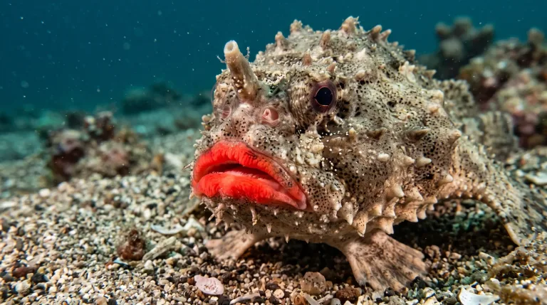 Peixe-morcego-de-lábios-vermelhos com lábios vermelho-vivos e corpo espinhoso pintado descansando no fundo de areia