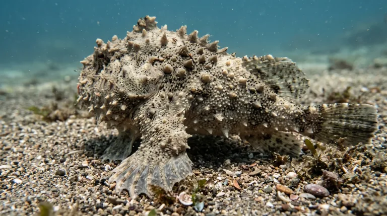 Peixe-morcego-de-lábios-vermelhos de pele áspera e calombuda descansando no fundo arenoso do mar