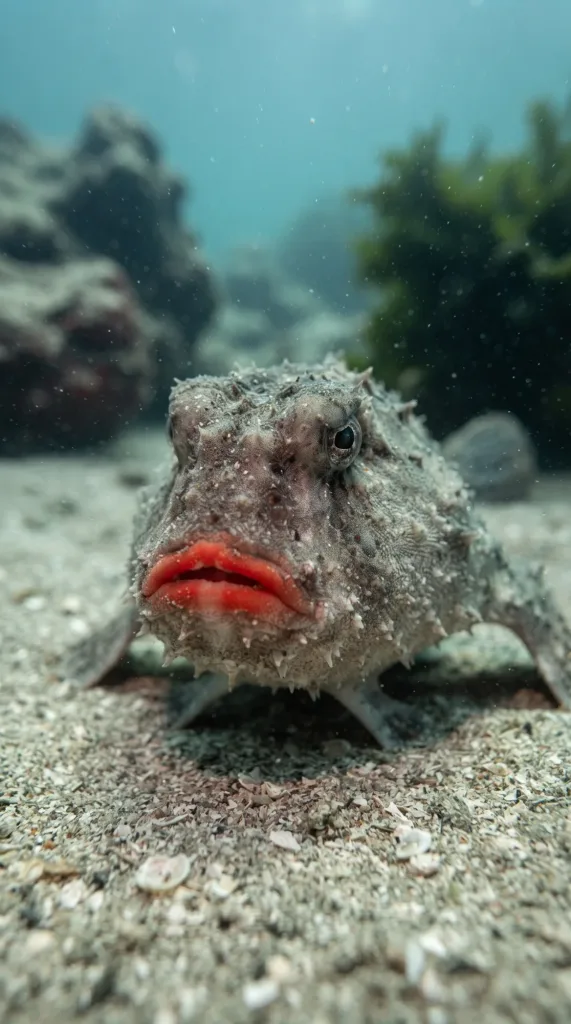 Peixe-morcego com lábios vermelho-vivo descansando no fundo arenoso do mar